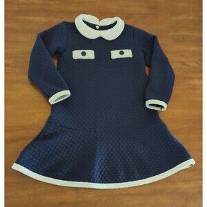 Bella Bliss Girls Long sleeve quilted collared dress Navy Blue/White size 4T GUC